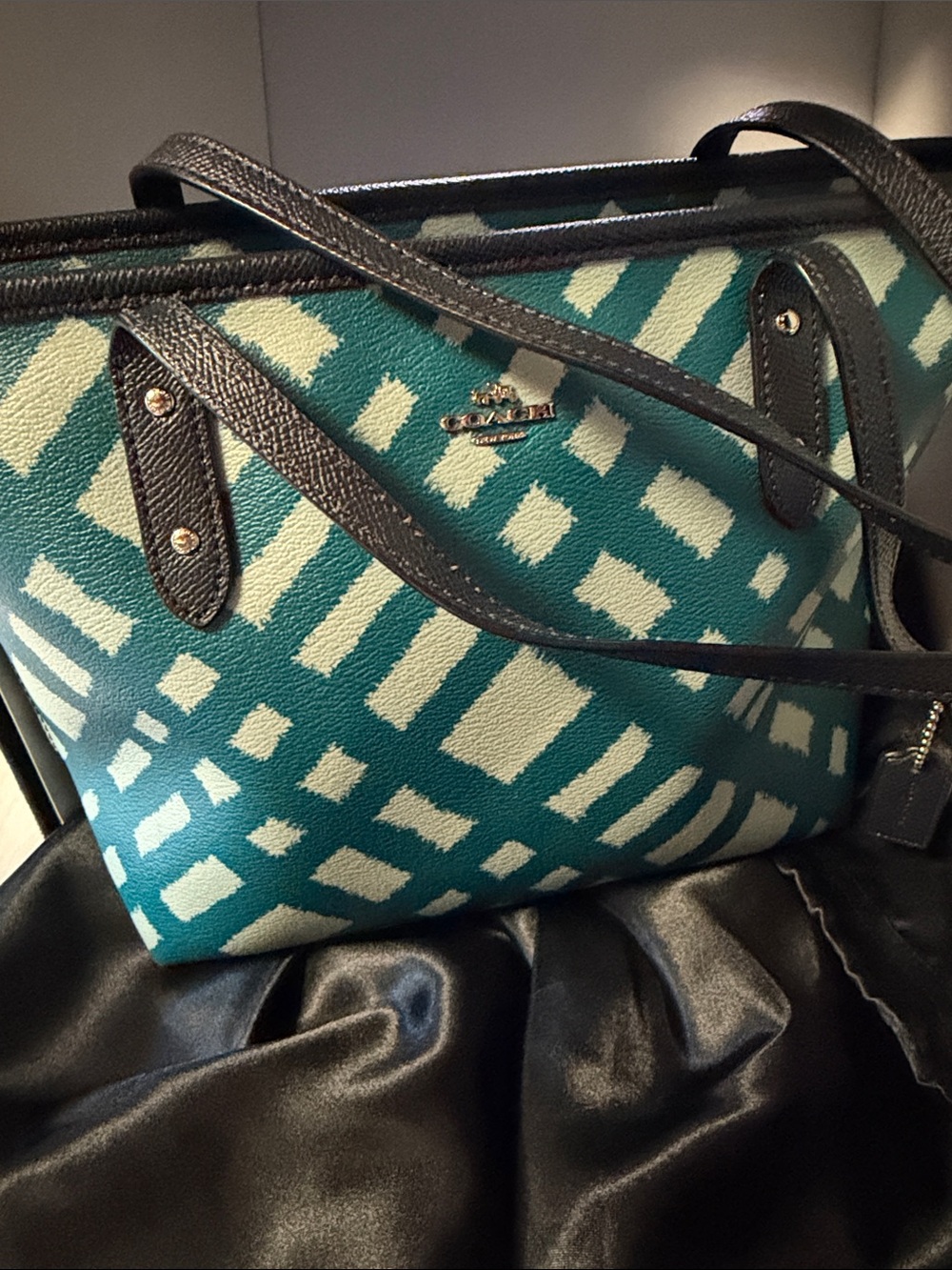 NWOT Coach Geometric Mini Tote Bag Zip-Top in Teal/White Wild Plaid - Picture 10 of 14